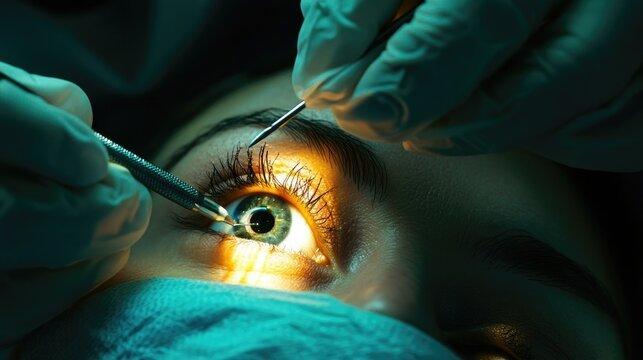 A close-up of a person’s eye being examined by gloved hands holding medical instruments, with bright light shining on the eye—likely during LASIK eye surgery or another vision correction procedure.
